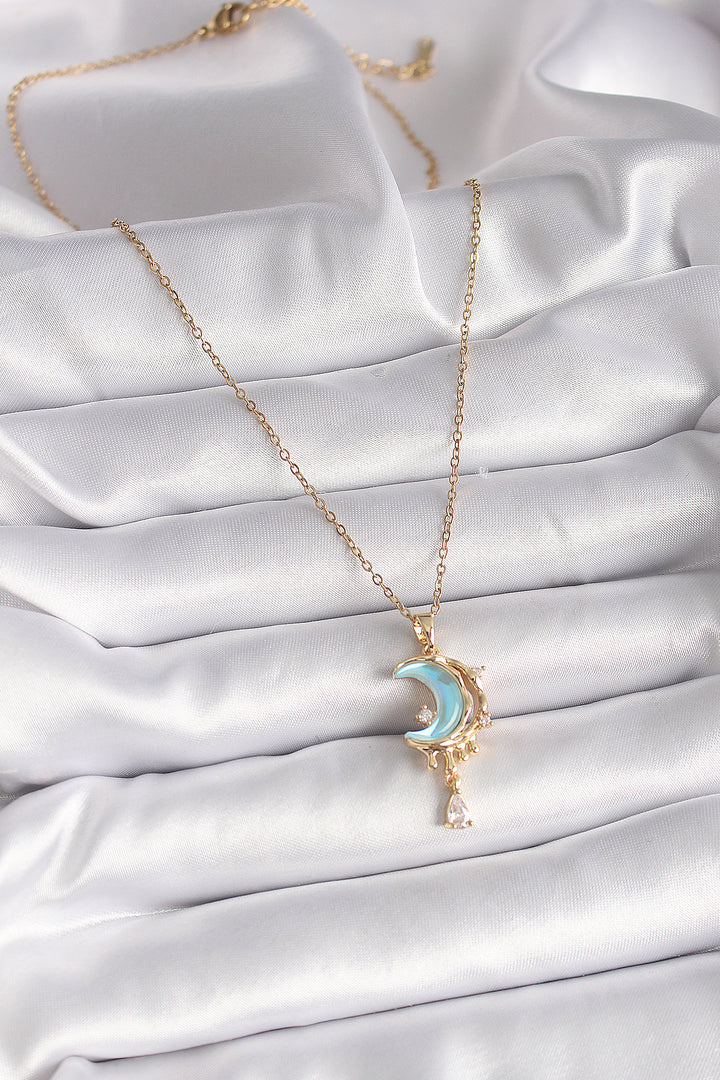 EBJ 316L Steel Gold Color Chain Blue Enamel Crescent Model Dangle Zircon Stone Detail Women's Necklace - Puteaux