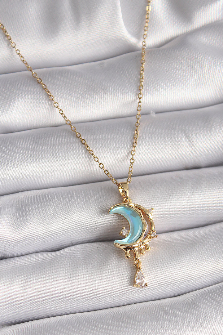 EBJ 316L Steel Gold Color Chain Blue Enamel Crescent Model Dangle Zircon Stone Detail Women's Necklace - Puteaux