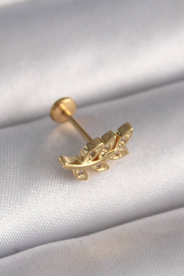 EBJ 316L Steel Gold Color Zircon Stone Detailed Leaf Design Tragus Piercing - Hamilton