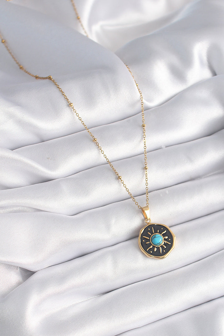 EBJ 316L Steel Gold Color Blue Bead Sun Embroidery Medal Model Women's Necklace - Montélimar