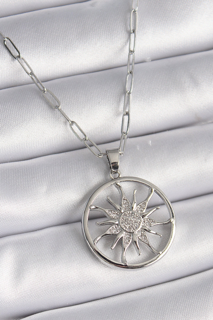 EBJ 316L Stainless Steel Silver Color Zircon Stone Sun Medallion Model Women's Necklace - Woodbridge