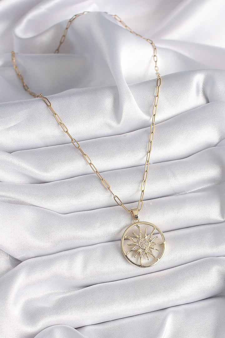 EBJ 316L Steel Gold Color Zircon Stone Sun Medallion Model Women's Necklace - San Leandro