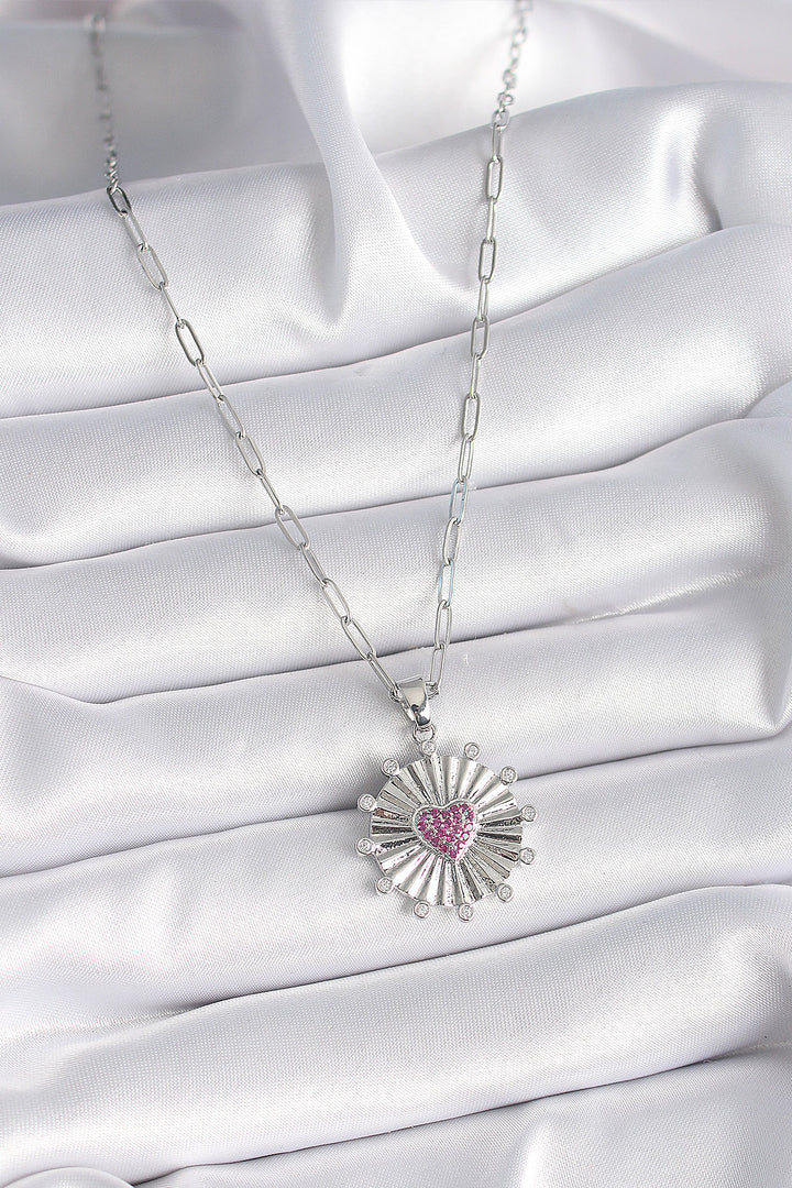 EBJ 316L Stainless Steel Silver Color Pink Zircon Stone Heart Embroidery Medal Model Women's Necklace - Glens Falls