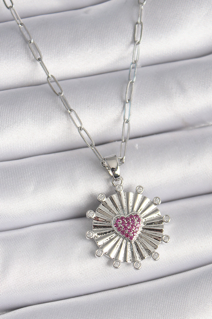 EBJ 316L Stainless Steel Silver Color Pink Zircon Stone Heart Embroidery Medal Model Women's Necklace - Glens Falls