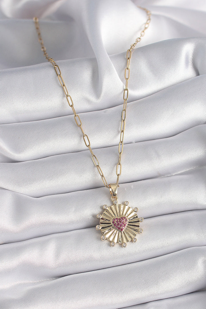 EBJ 316L Steel Gold Color Pink Zircon Stone Heart Embroidery Medal Model Women's Necklace - North Miami Beach