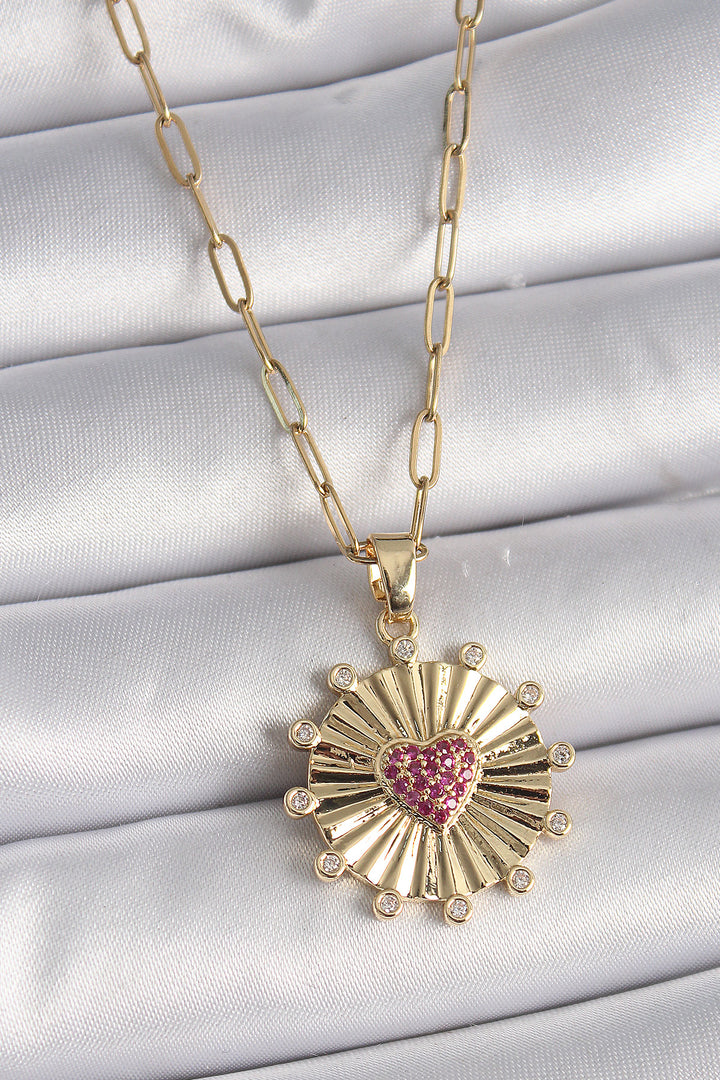 EBJ 316L Steel Gold Color Pink Zircon Stone Heart Embroidery Medal Model Women's Necklace - North Miami Beach