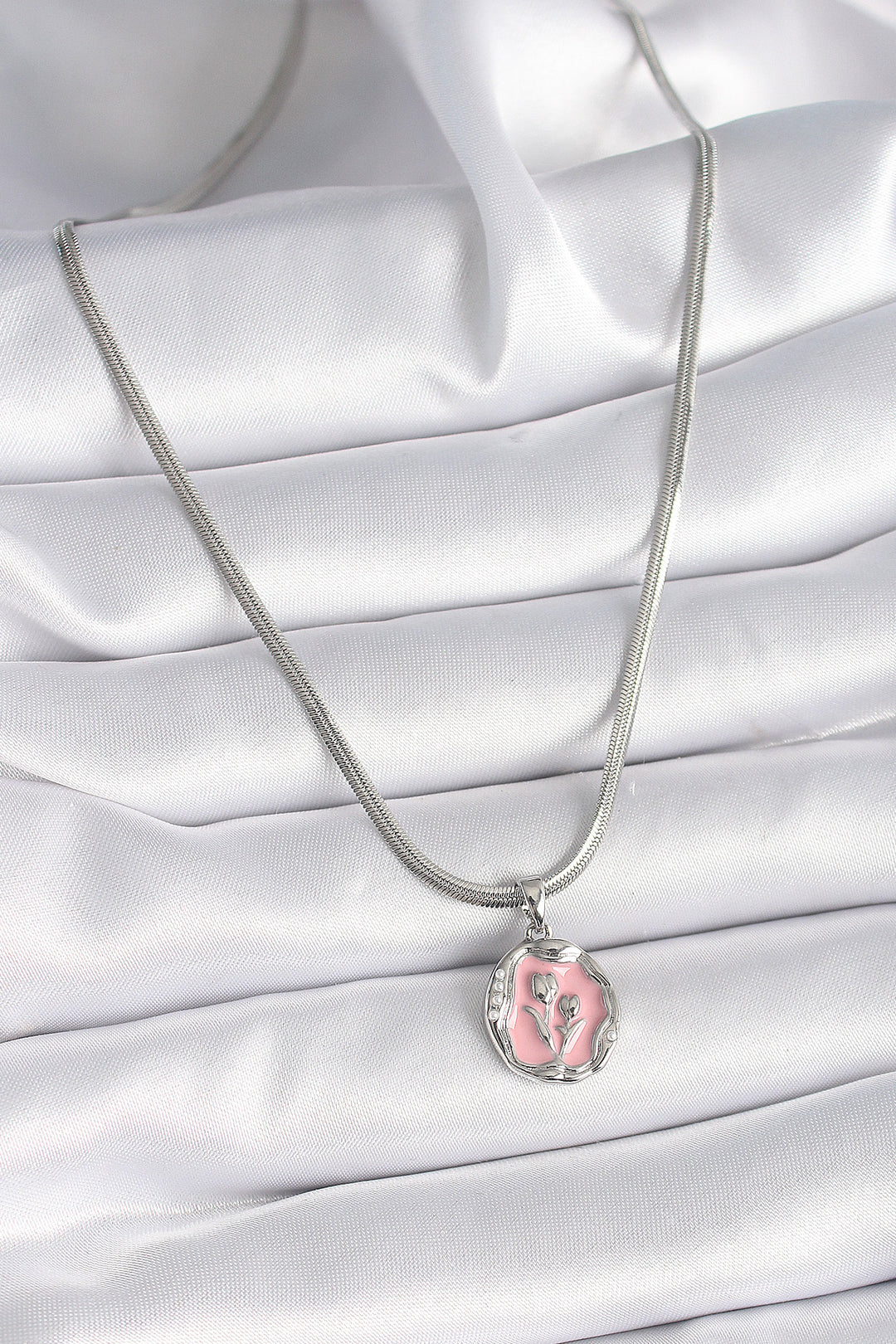 EBJ 316L Stainless Steel Silver Color Italian Chain Pink Flower Medallion Model Women's Necklace - Citrus Heights