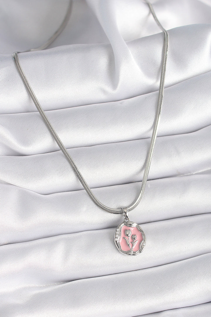 EBJ 316L Stainless Steel Silver Color Italian Chain Pink Flower Medallion Model Women's Necklace - Citrus Heights
