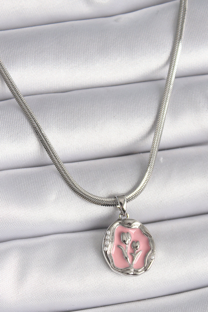 EBJ 316L Stainless Steel Silver Color Italian Chain Pink Flower Medallion Model Women's Necklace - Citrus Heights