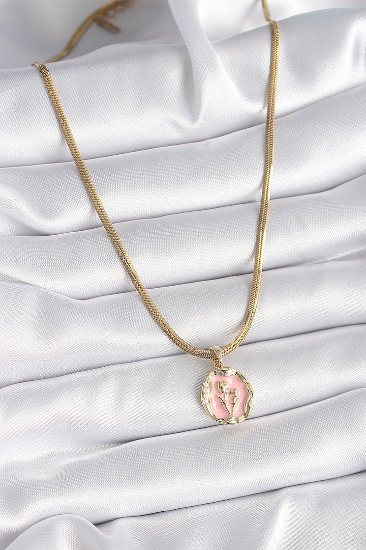EBJ 316L Steel Gold Color Italian Chain Pink Flower Pendant Model Women's Necklace - Titusville
