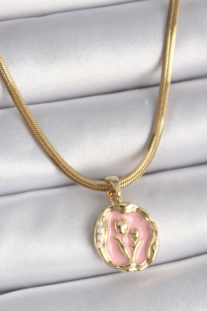EBJ 316L Steel Gold Color Italian Chain Pink Flower Pendant Model Women's Necklace - Titusville