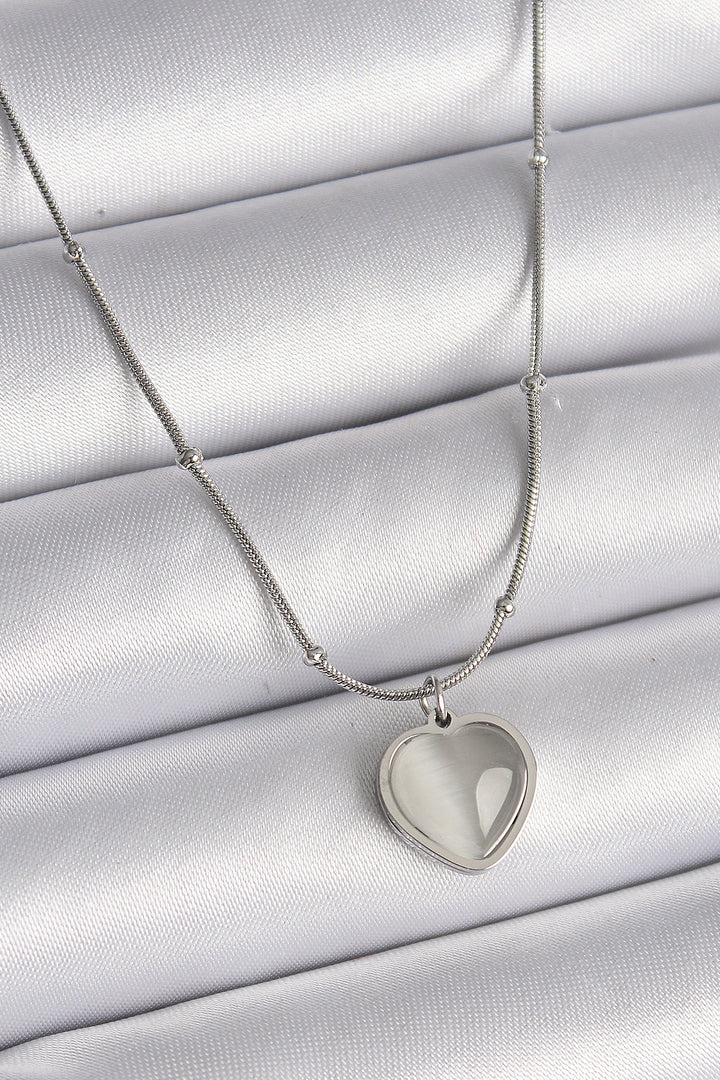 EBJ 316L Stainless Steel Silver Color White Cat Eye Mother of Pearl Heart Model Women's Necklace - Wilmington