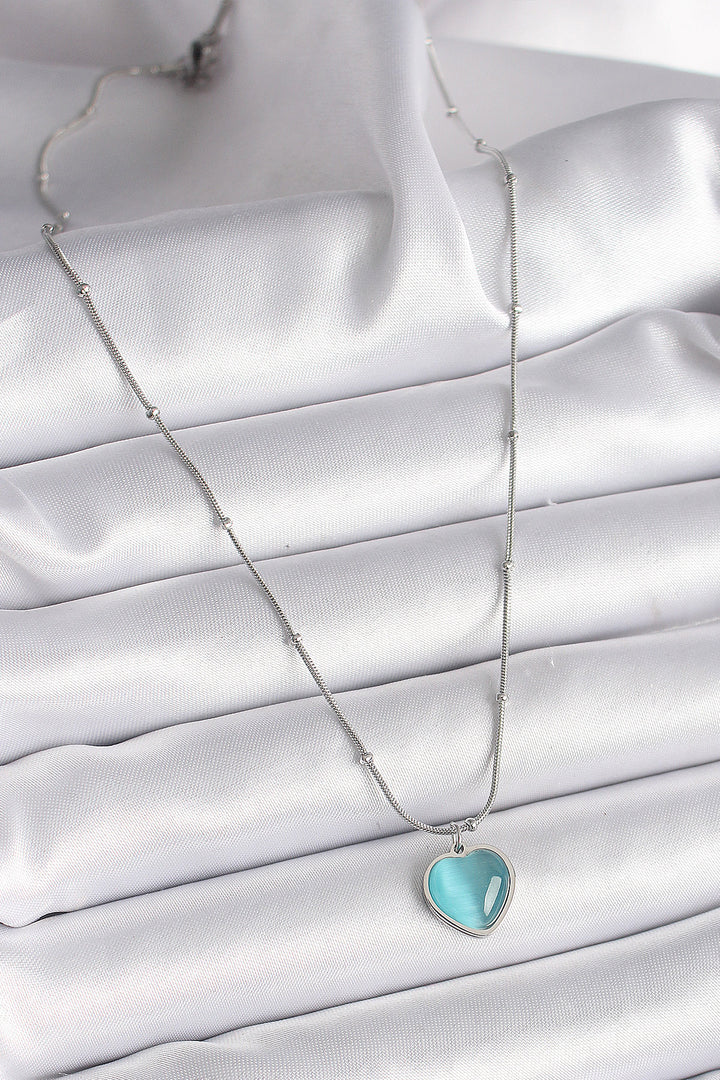 EBJ 316L Stainless Steel Silver Color Blue Cat Eye Mother of Pearl Heart Model Women's Necklace - Farmington Hills
