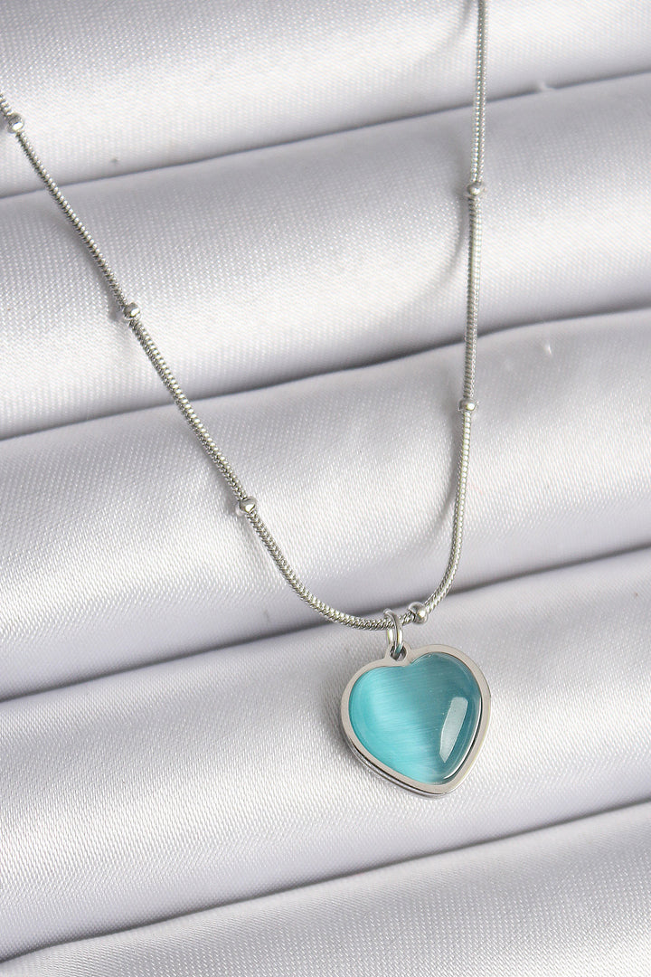 EBJ 316L Stainless Steel Silver Color Blue Cat Eye Mother of Pearl Heart Model Women's Necklace - Farmington Hills