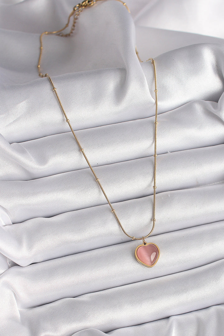 EBJ 316L Steel Gold Color Pink Cat Eye Mother of Pearl Heart Model Women's Necklace - Halle
