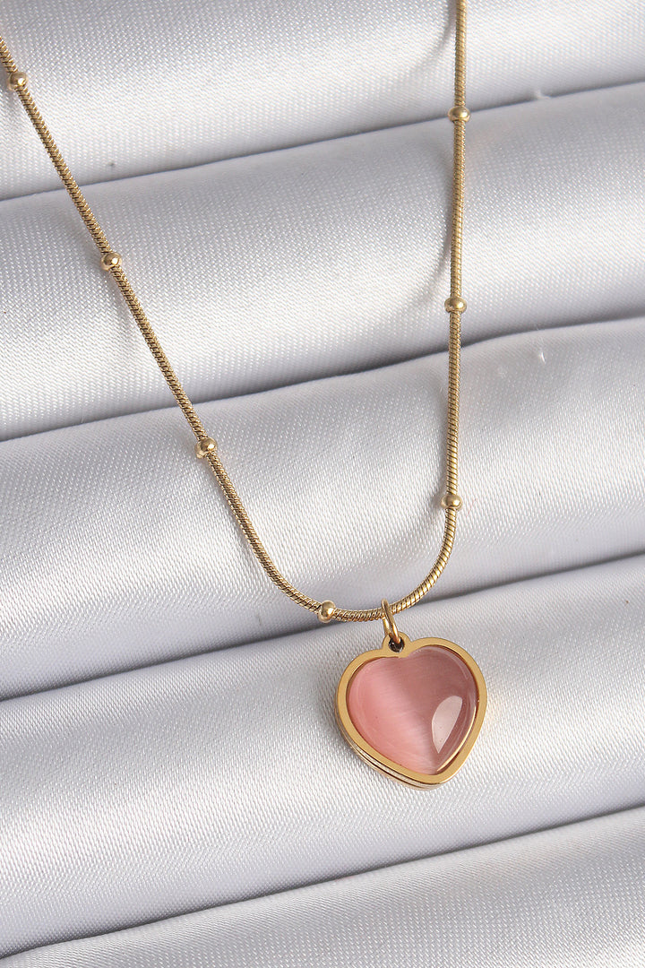 EBJ 316L Steel Gold Color Pink Cat Eye Mother of Pearl Heart Model Women's Necklace - Halle