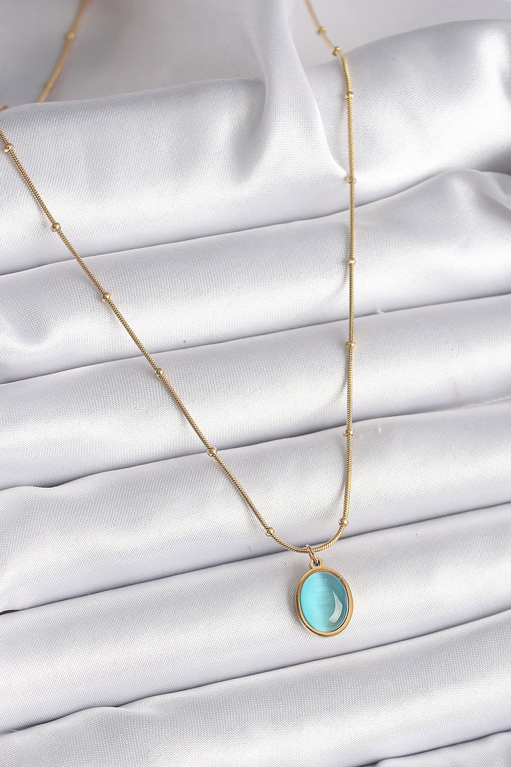 EBJ 316L Steel Gold Color Blue Cat Eye Mother of Pearl Oval Model Women's Necklace - Torreón