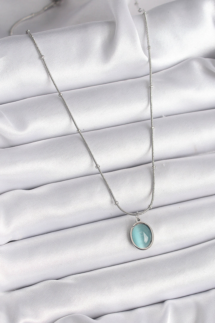 EBJ 316L Stainless Steel Silver Color Blue Cat Eye Iridescent Oval Model Women's Necklace - Altamura
