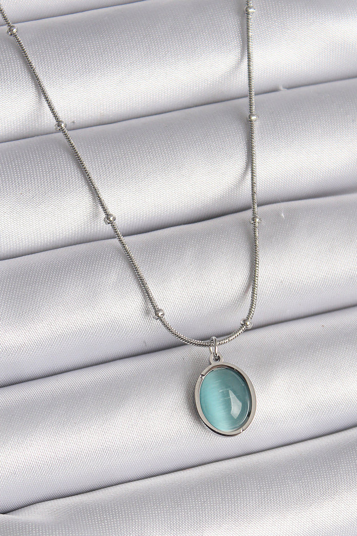 EBJ 316L Stainless Steel Silver Color Blue Cat Eye Iridescent Oval Model Women's Necklace - Altamura
