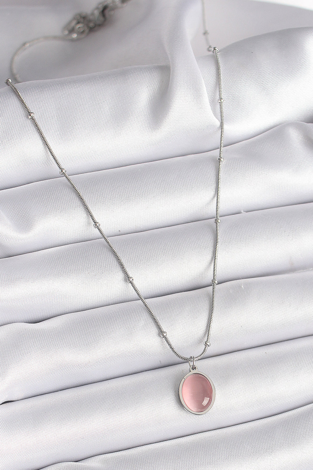 EBJ 316L Stainless Steel Silver Color Pink Cat Eye Iridescent Oval Model Women's Necklace - Vitsyebsk