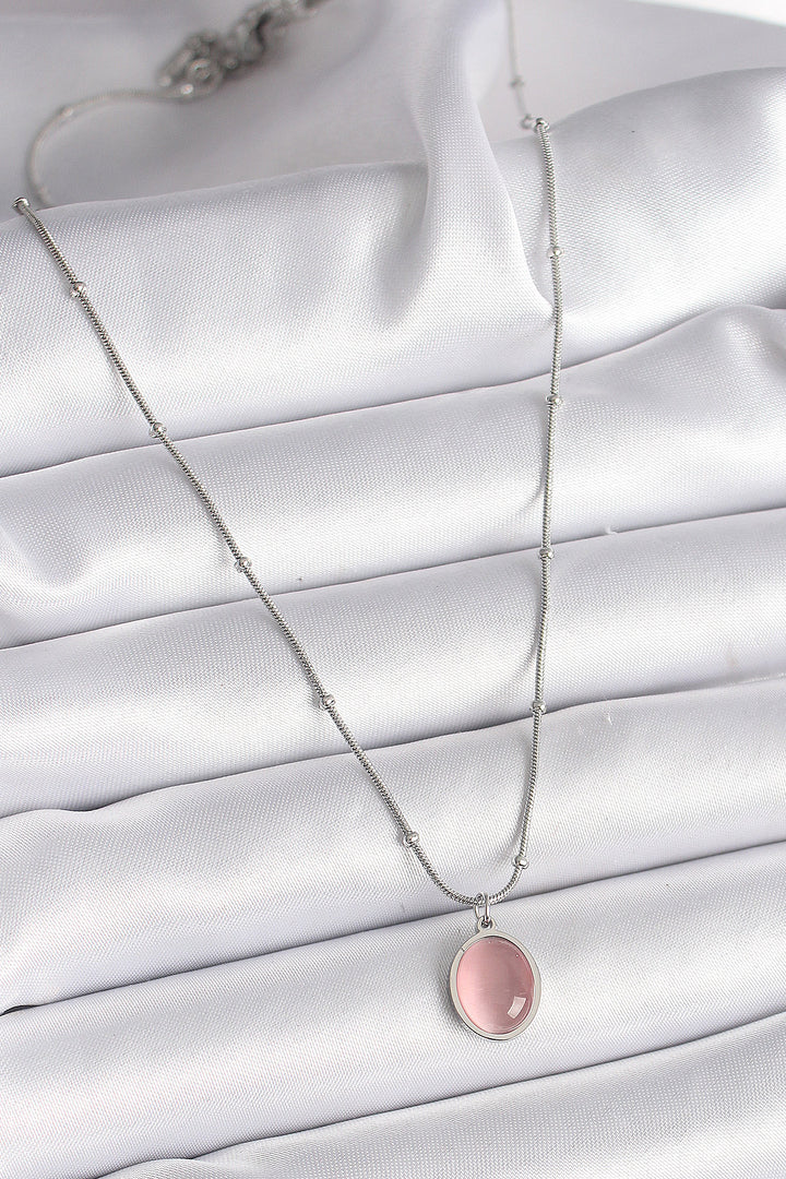 EBJ 316L Stainless Steel Silver Color Pink Cat Eye Iridescent Oval Model Women's Necklace - Vitsyebsk