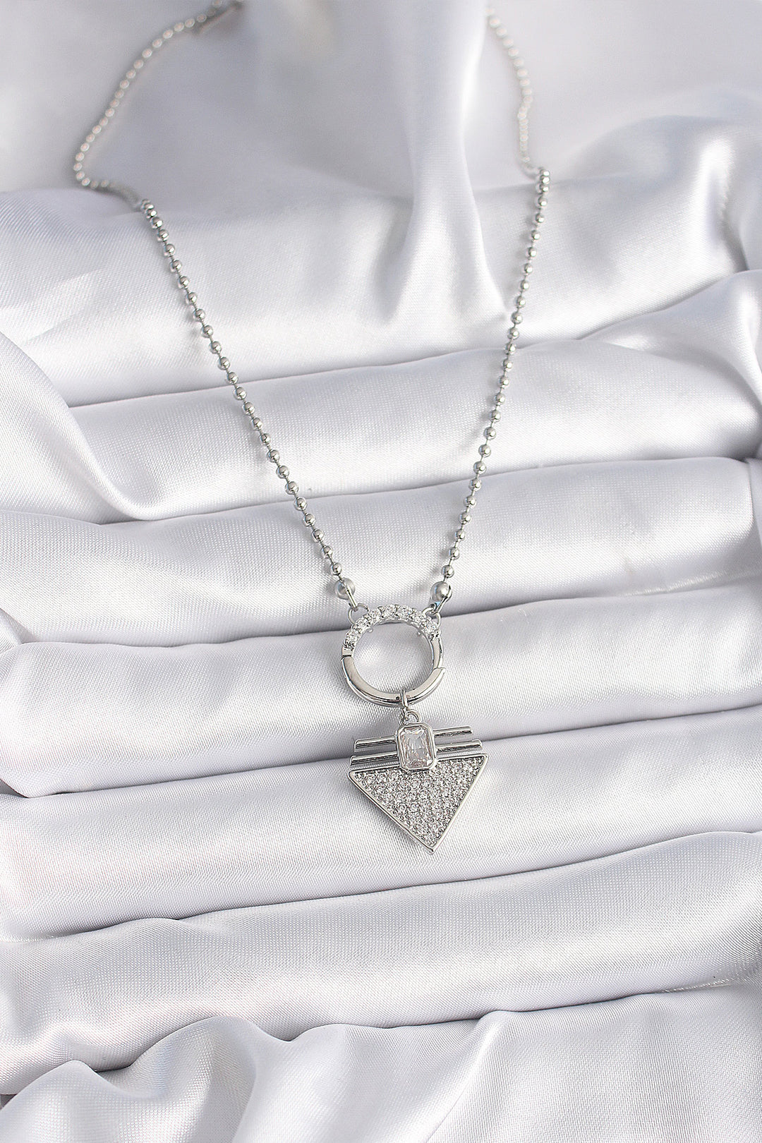 EBJ 316L Stainless Steel Silver Color Bead Chain with Zircon Stone Triangle Model Women's Necklace - La Piedad