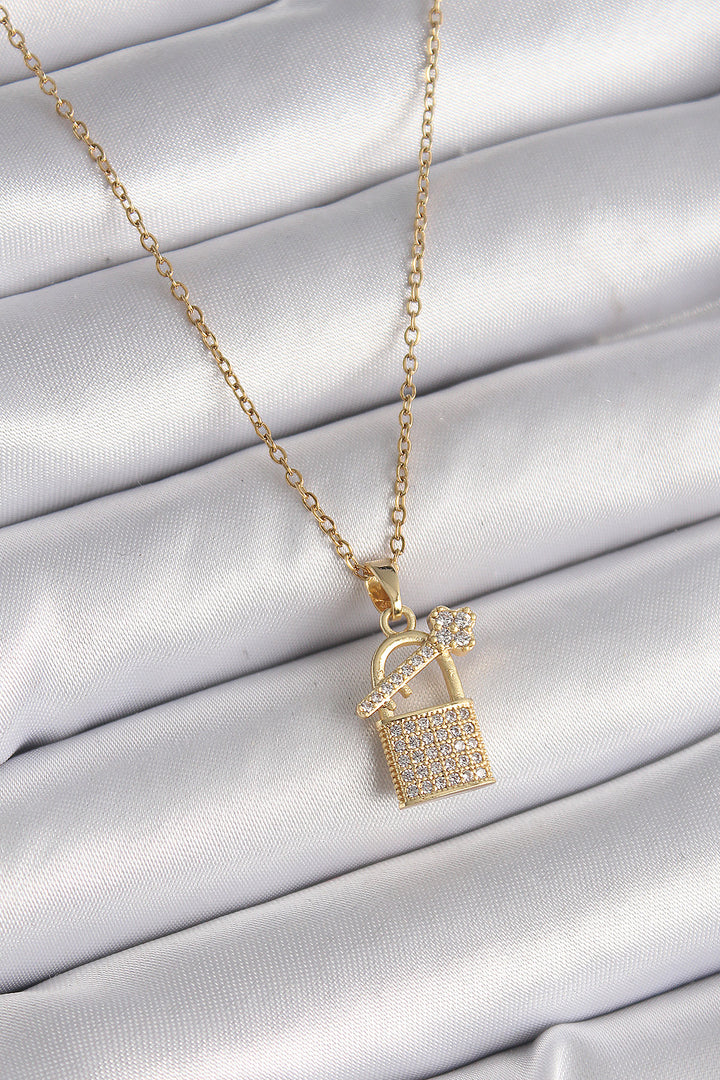 EBJ 316L Steel Gold Color Chain with Zircon Stone Pendant Lock Key Model Women's Necklace - Irapuato