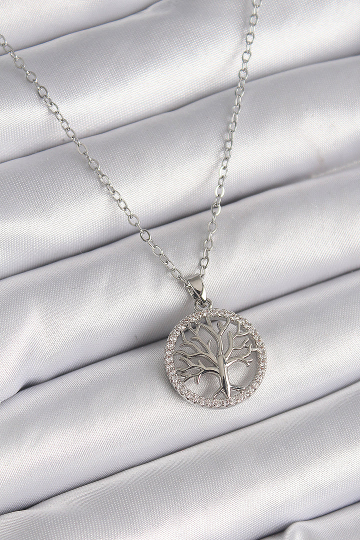 EBJ 316L Stainless Steel Silver Color Chain with Zircon Stone Life Tree Figure Women's Necklace - Macerata