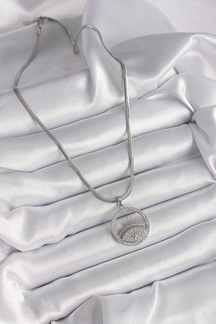 EBJ 316L Stainless Steel Silver Color Italian Chain Necklace with Zircon Stone Eye Design Women's Necklace - Holyoke