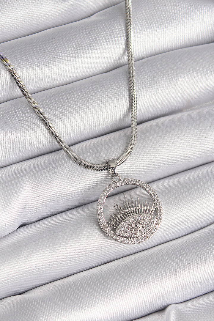 EBJ 316L Stainless Steel Silver Color Italian Chain Necklace with Zircon Stone Eye Design Women's Necklace - Holyoke