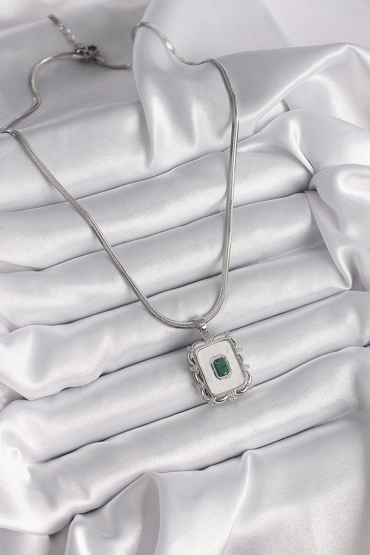 EBJ 316L Stainless Steel Silver Color Italian Chain White Mother of Pearl Square Portrait Model Emerald Stone Detail Women's Necklace - Youngstown