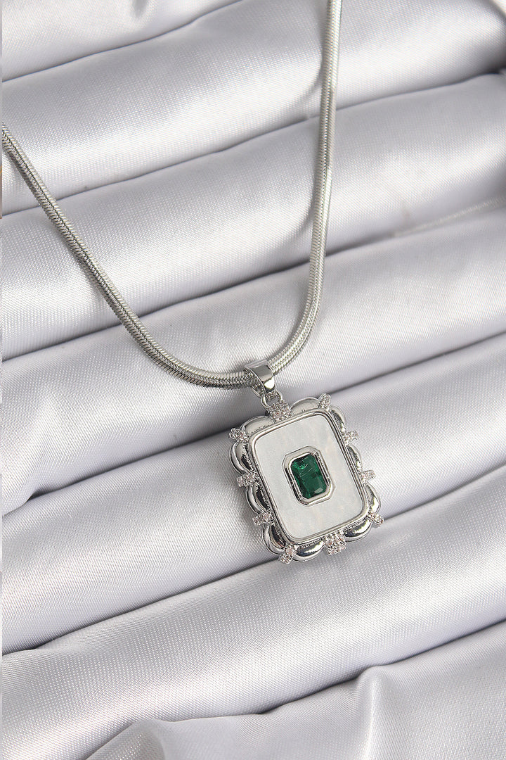 EBJ 316L Stainless Steel Silver Color Italian Chain White Mother of Pearl Square Portrait Model Emerald Stone Detail Women's Necklace - Youngstown