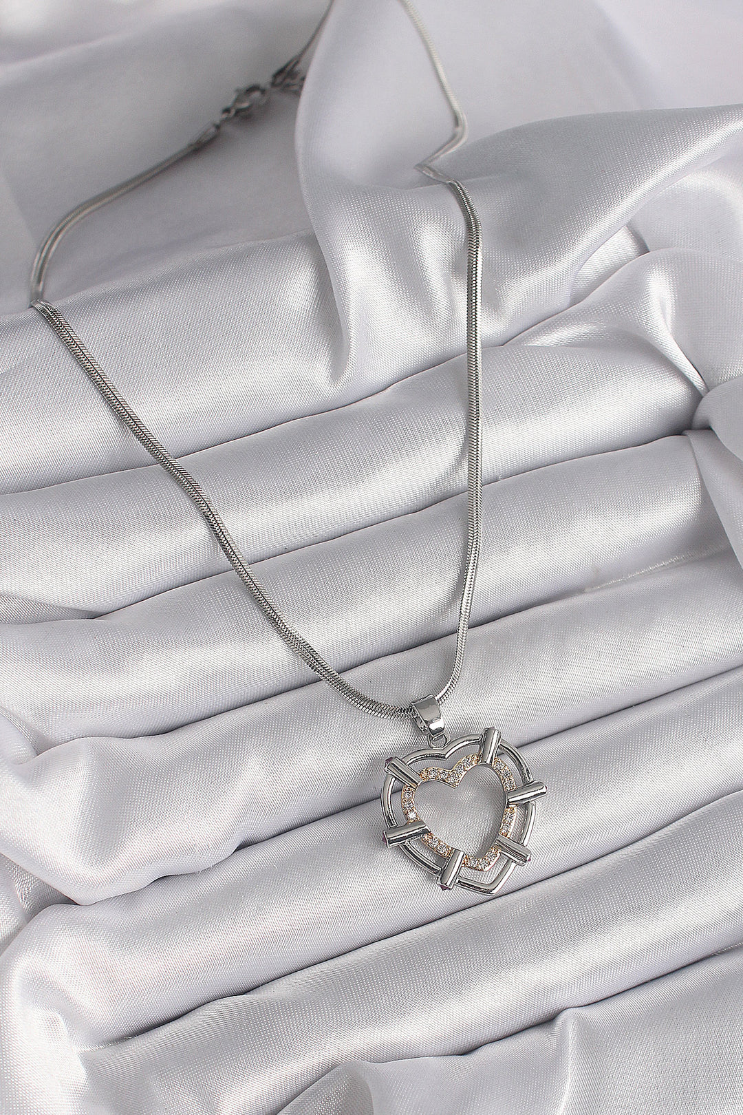 EBJ 316L Stainless Steel Silver Color Italian Chain Mixed Color Zircon Stone Detail Heart Model Women's Necklace - Passaic