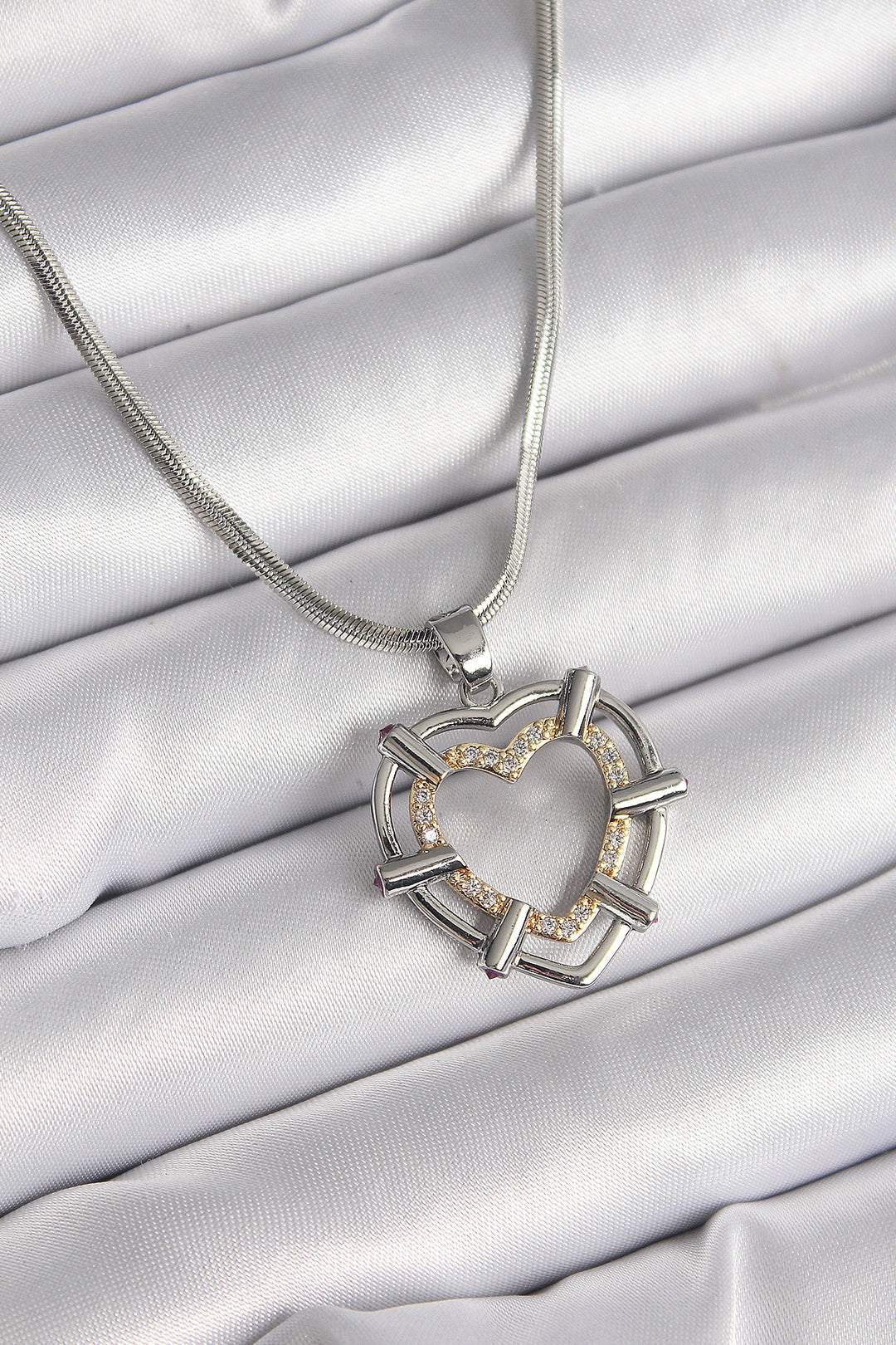 EBJ 316L Stainless Steel Silver Color Italian Chain Mixed Color Zircon Stone Detail Heart Model Women's Necklace - Passaic
