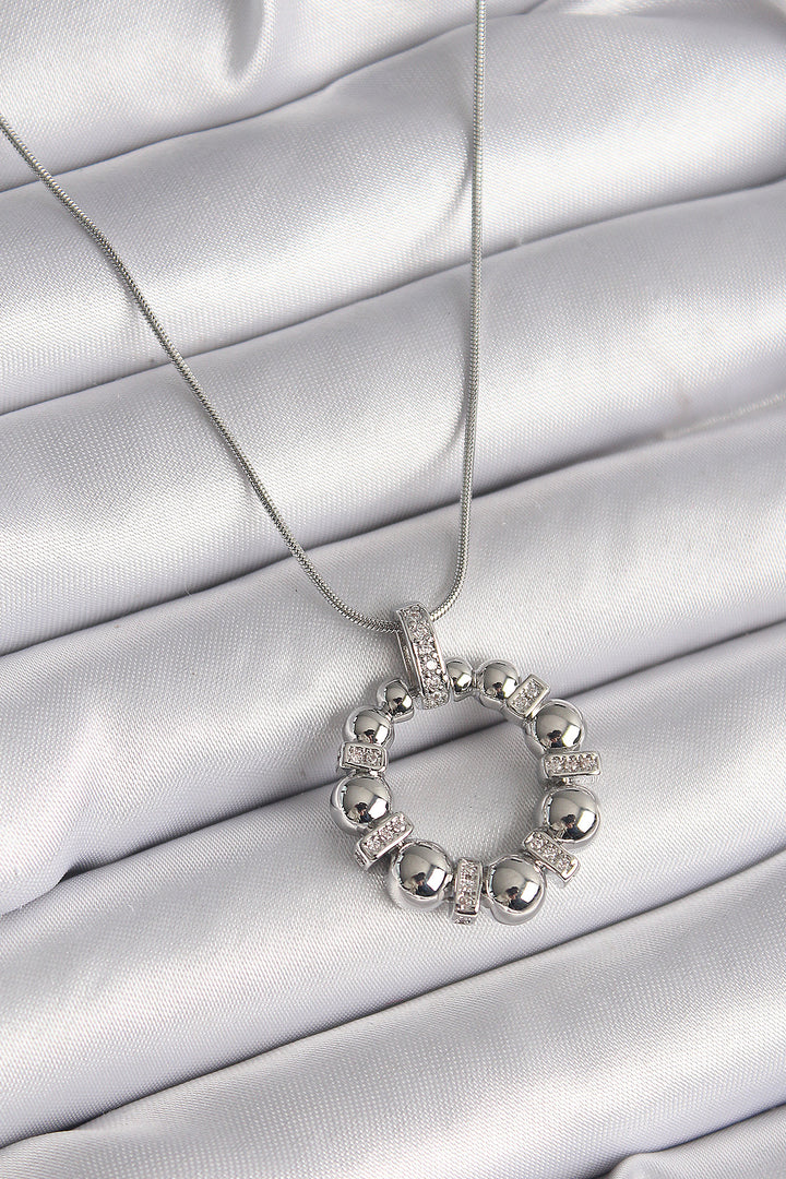 EBJ 316L Stainless Steel Silver Color Chain Zircon Stone Detailed Domed Ring Model Women's Necklace - Eastbourne