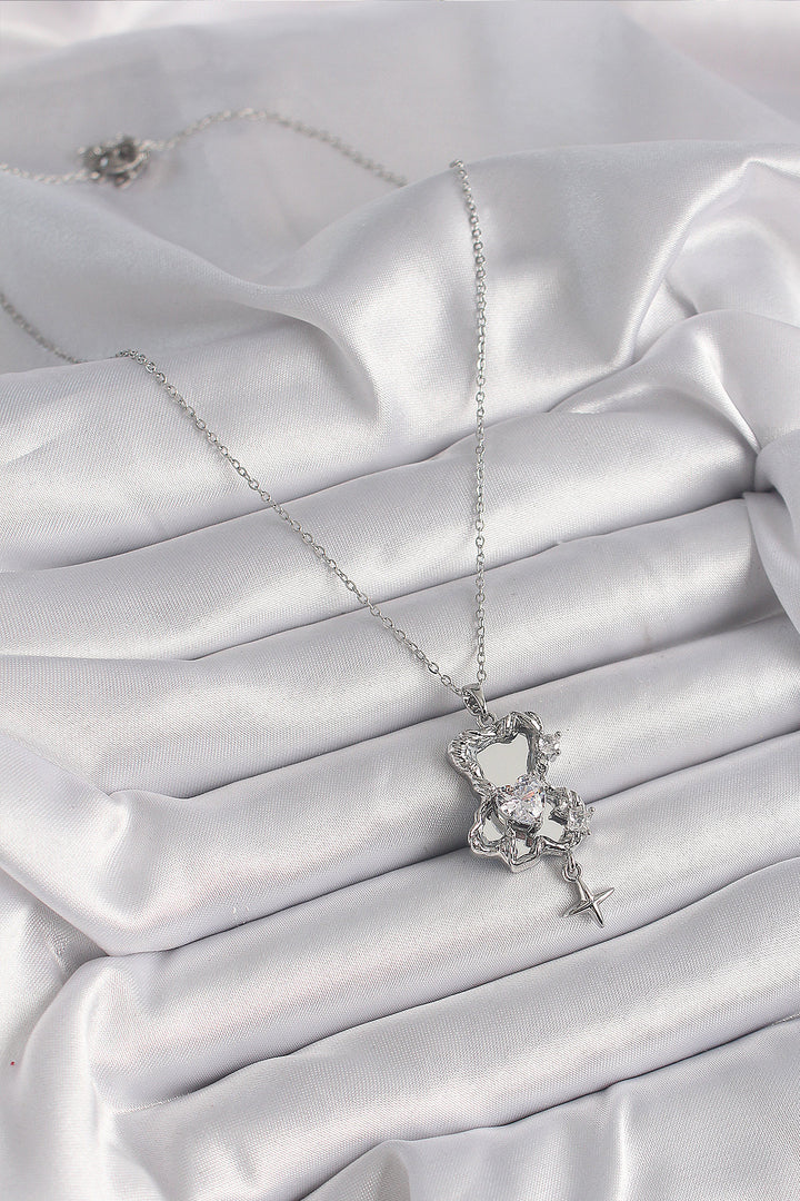 EBJ 316L Stainless Steel Silver Color Mirror Teddy Bear Model Zircon Stone Heart Detail Women's Necklace - Danbury