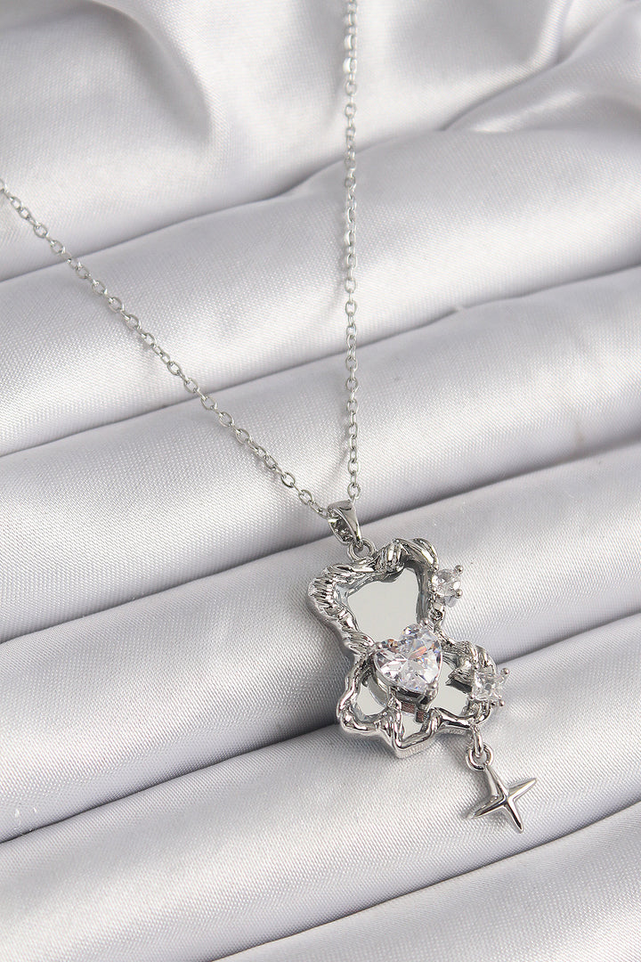 EBJ 316L Stainless Steel Silver Color Mirror Teddy Bear Model Zircon Stone Heart Detail Women's Necklace - Danbury