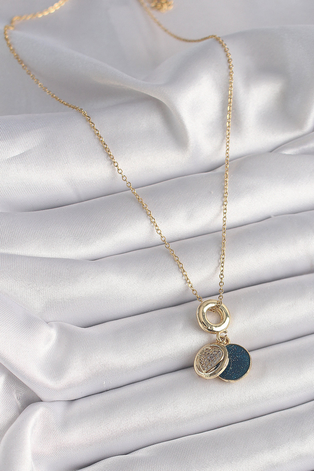 EBJ 316L Steel Gold Color Chain with Zircon Stone Heart Model Blue Glitter Women's Necklace - Foggia