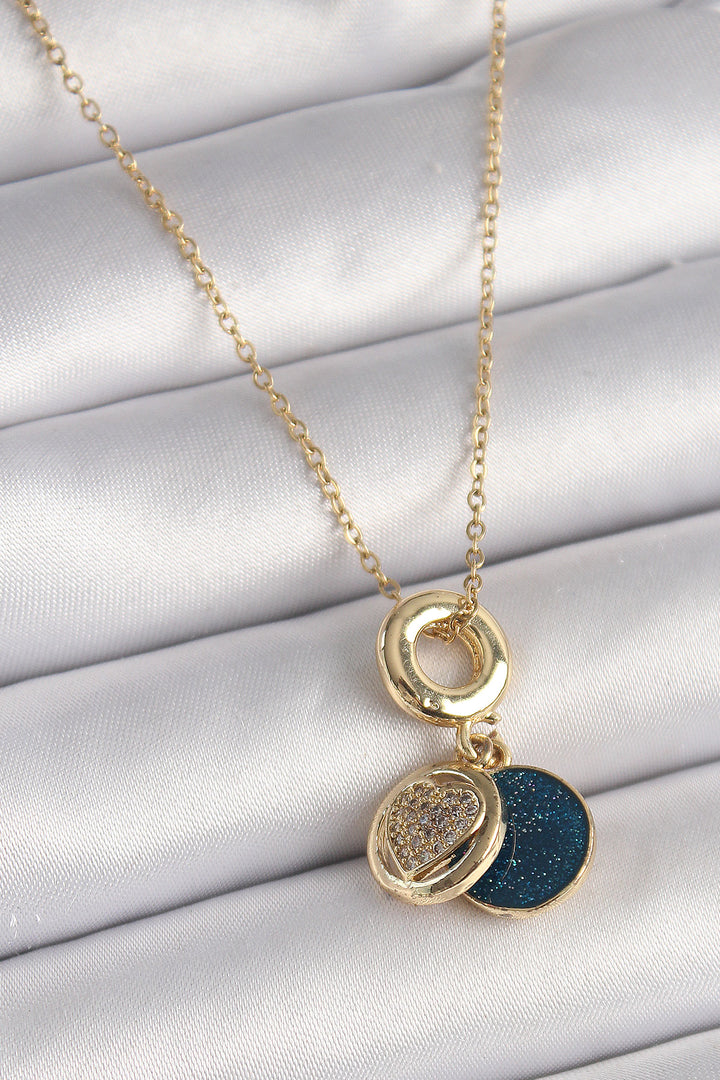 EBJ 316L Steel Gold Color Chain with Zircon Stone Heart Model Blue Glitter Women's Necklace - Foggia