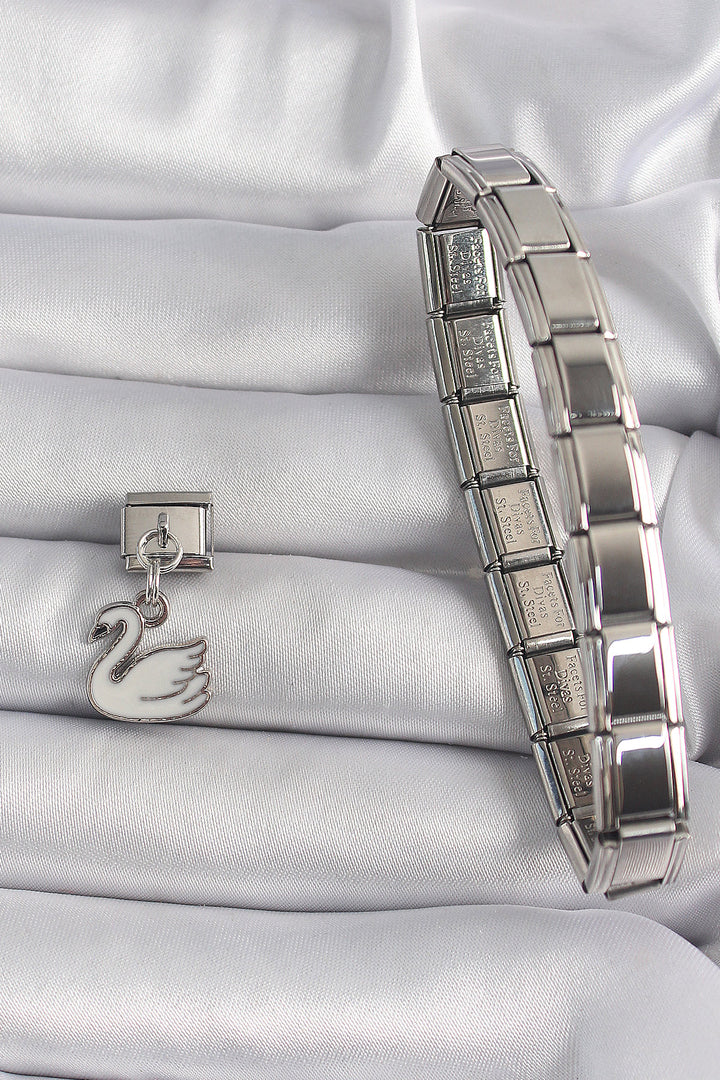 EBJ 316L Stainless Steel Silver Color Swinging White Swan Model Nomination Charm - Oakland