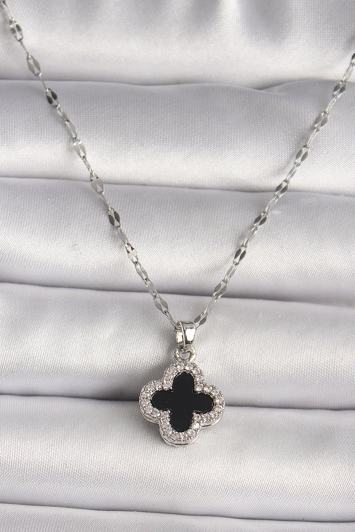 EBJ 316L Stainless Steel Silver Color Zircon Stone Black Clover Model Women's Necklace - Burbank