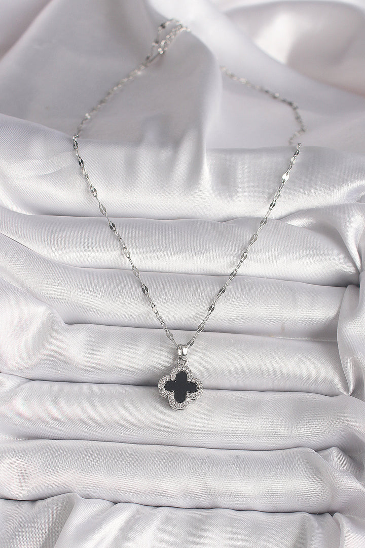 EBJ 316L Stainless Steel Silver Color Zircon Stone Black Clover Model Women's Necklace - Burbank