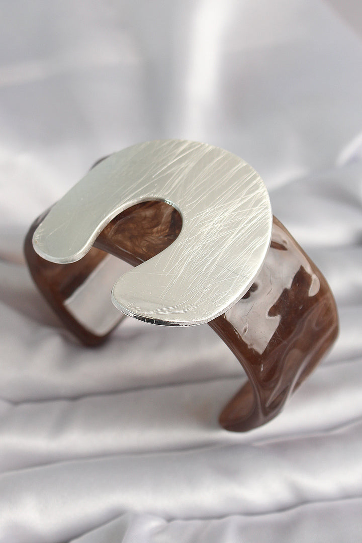 EBJ Brown Marble Pattern Acrylic Plastic Silver Plate Model Vintage Women's Bracelet - Bellevue
