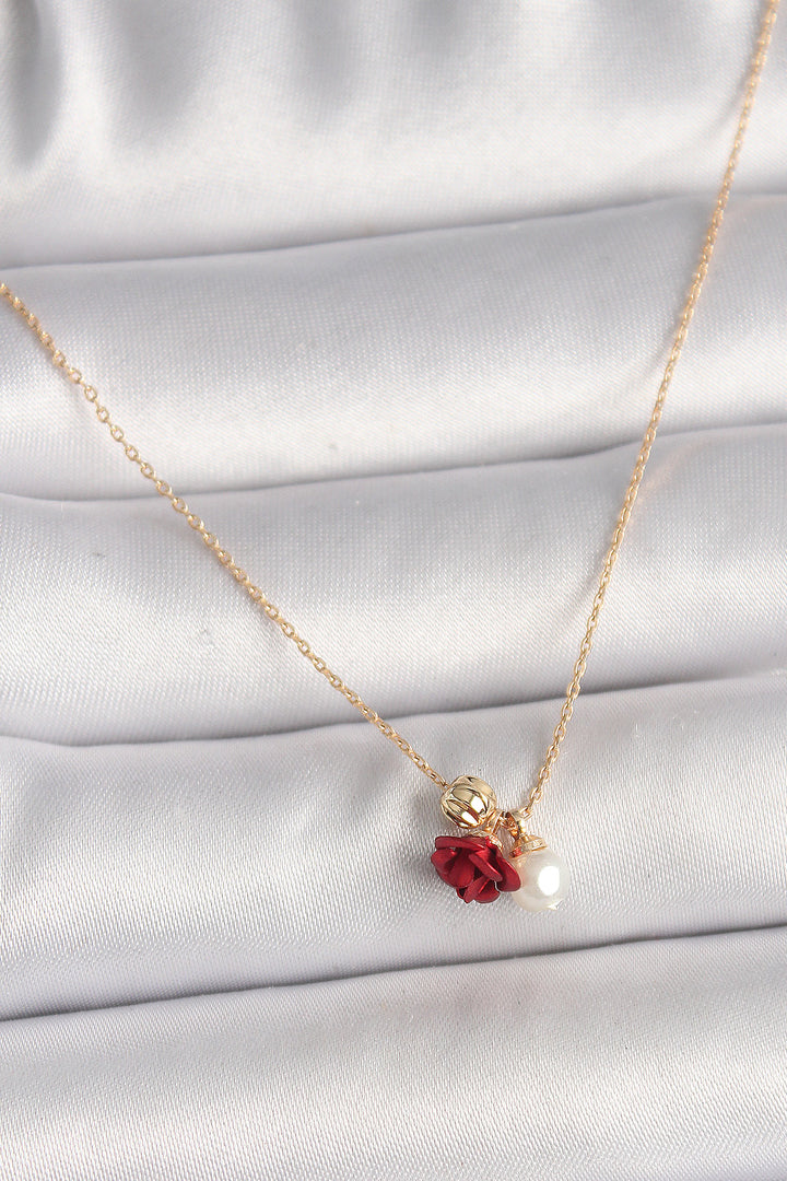 EBJ Rice Gold Color Rose Model Pearl Detail Women's Necklace - Ravenna