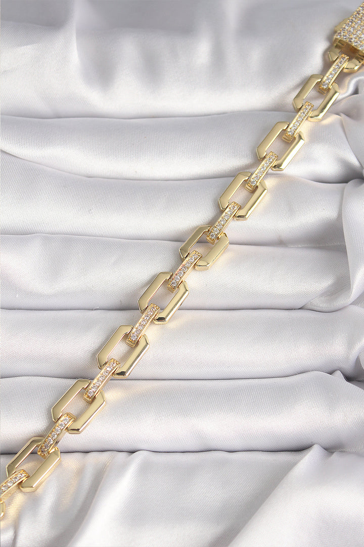 EBJ Rice Gold Color Zircon Stone Detailed Square Chain Model Xuping VIP Exclusive Series Women's Bracelet - Coral Gables