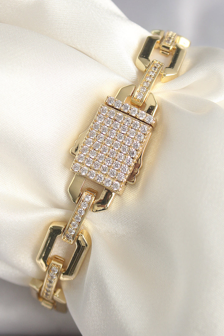 EBJ Rice Gold Color Zircon Stone Detailed Square Chain Model Xuping VIP Exclusive Series Women's Bracelet - Coral Gables