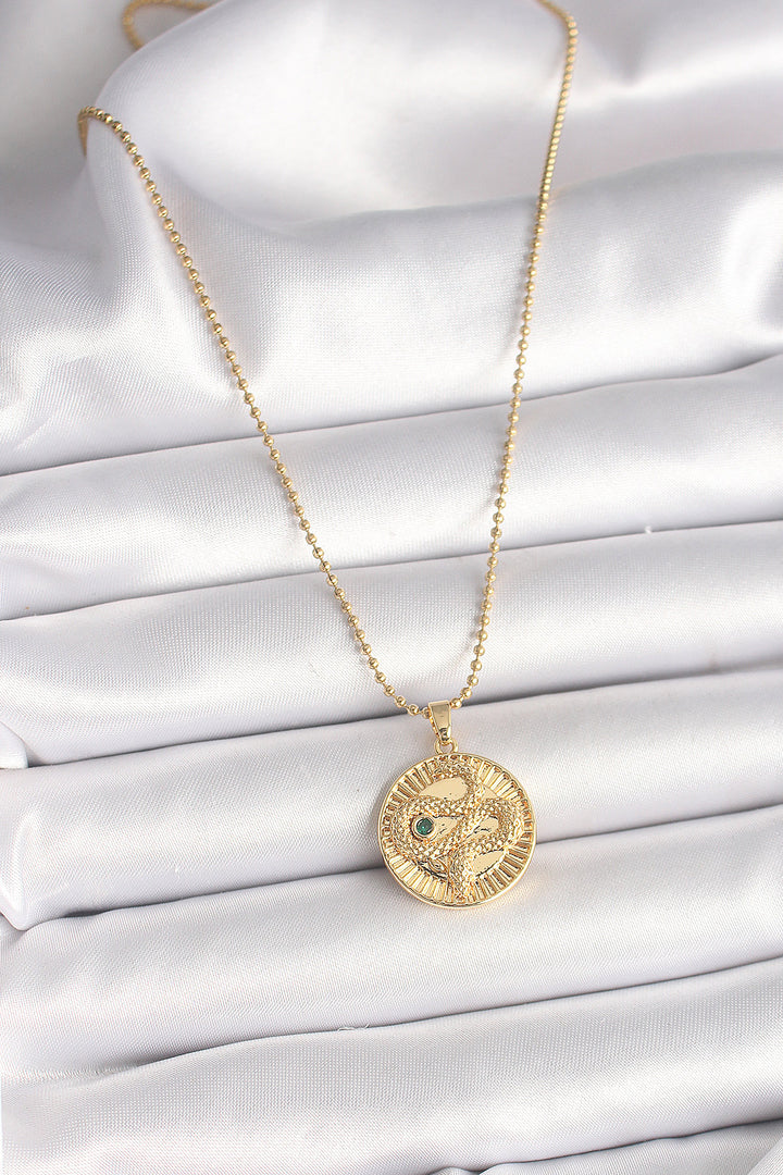 EBJ 316L Steel Gold Color Ball Chain Snake Embossed Zircon Stone Detailed Pendant Model Women's Necklace - Modugno