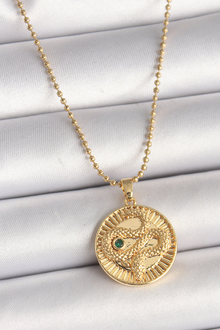 EBJ 316L Steel Gold Color Ball Chain Snake Embossed Zircon Stone Detailed Pendant Model Women's Necklace - Modugno