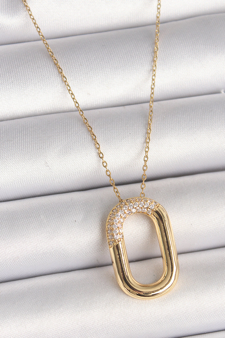 EBJ 316L Steel Gold Color Zircon Stone Oval Model Women's Necklace - Borken
