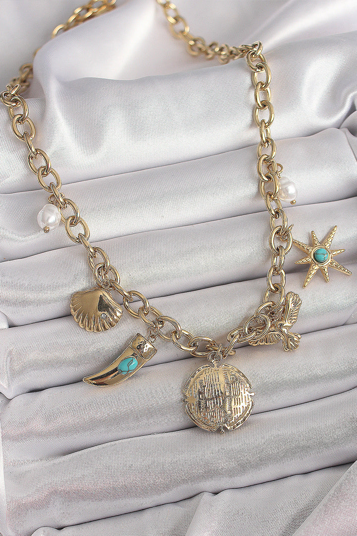 EBJ 316L Steel Gold Color Chain Pendant Multiple Figure Model Women's Necklace - Ixtapaluca